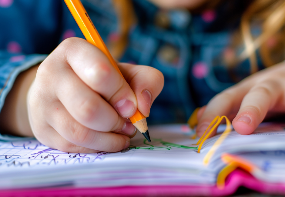 Young child drawing in a notebook with a pencil while preparing for the back-to-school season.