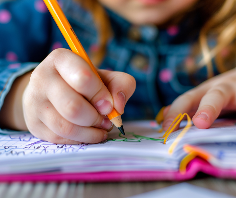 Young child drawing in a notebook with a pencil while preparing for the back-to-school season.